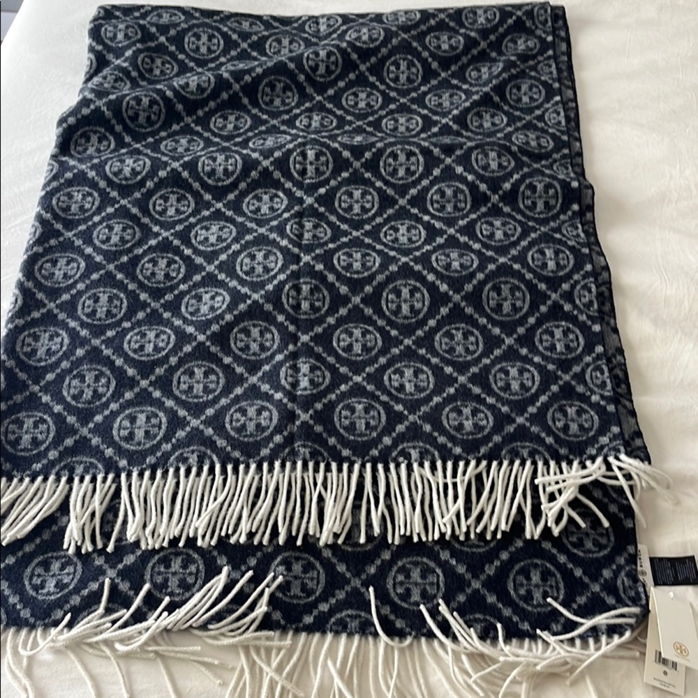 Tory Burch Navy and White Patterned Scarf